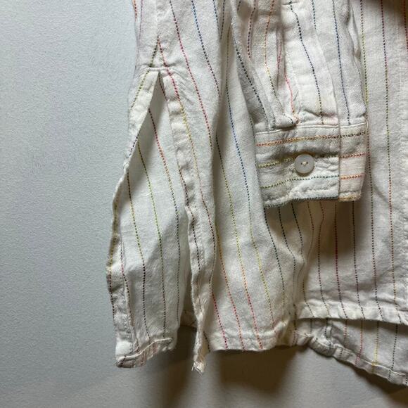 Chicos 100% Linen Button Up Shirt White Rainbow Striped Size 3 Preppy Collared - Picture 8 of 8